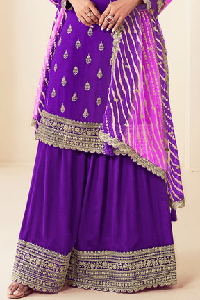 Purple Silk Embroidered Unstitched Suit Material With Readymade Palazzo