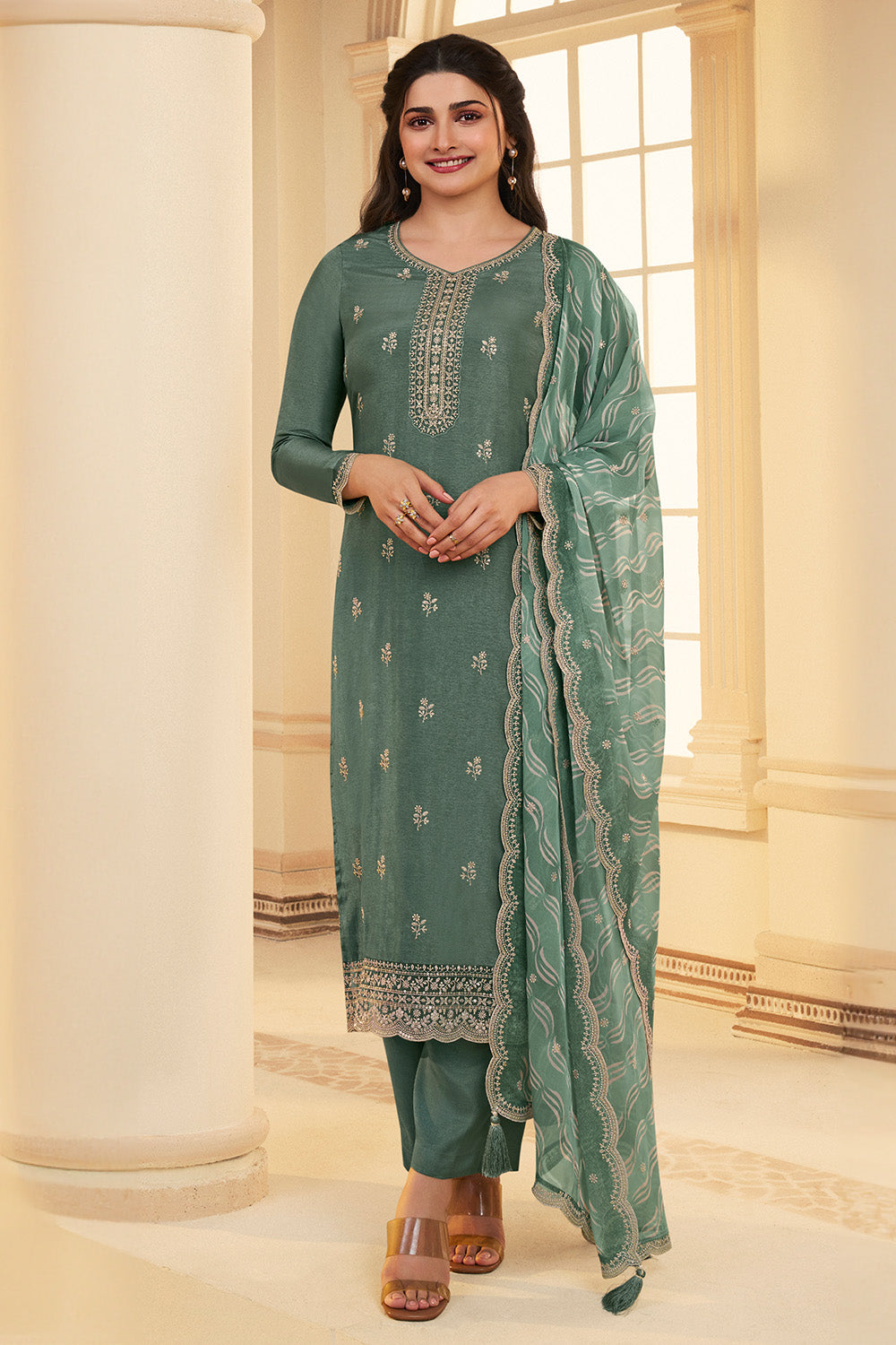 Sea Green Color Embroidered Crepe Silk Unstitched Suit Fabric