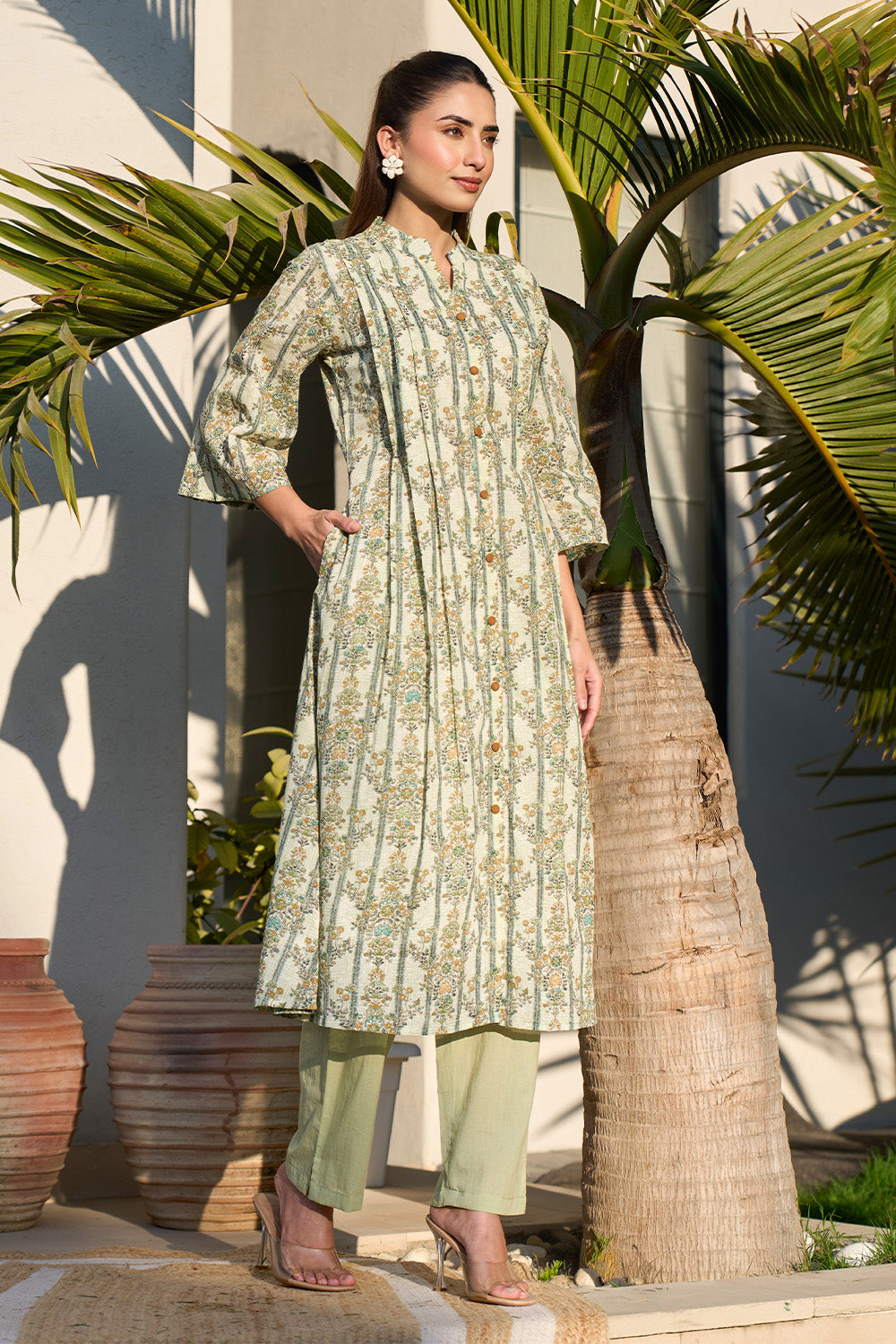 Pista Green Floral Printed Cotton Long Kurta Set