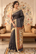 Black Cotton Printed And Woven Border Saree