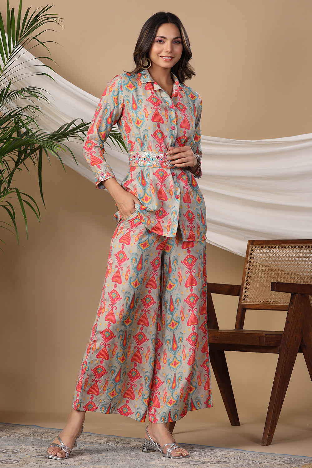 Grey Color Muslin Printed Pallazo Co-Ord Set