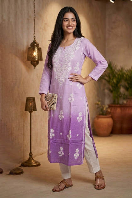Ombre Lavander Resham Embroidered Rayon Cotton Kurta
