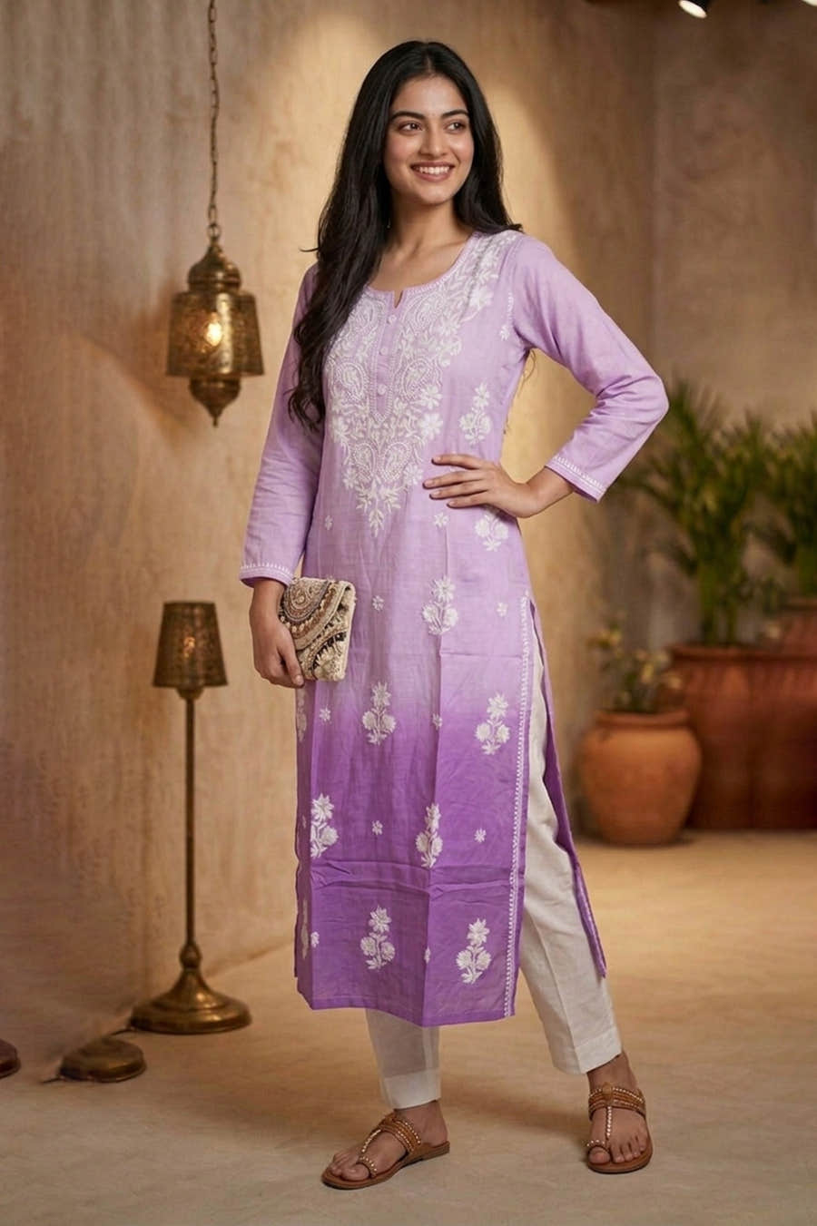 Ombre Lavander Resham Embroidered Rayon Cotton Kurta