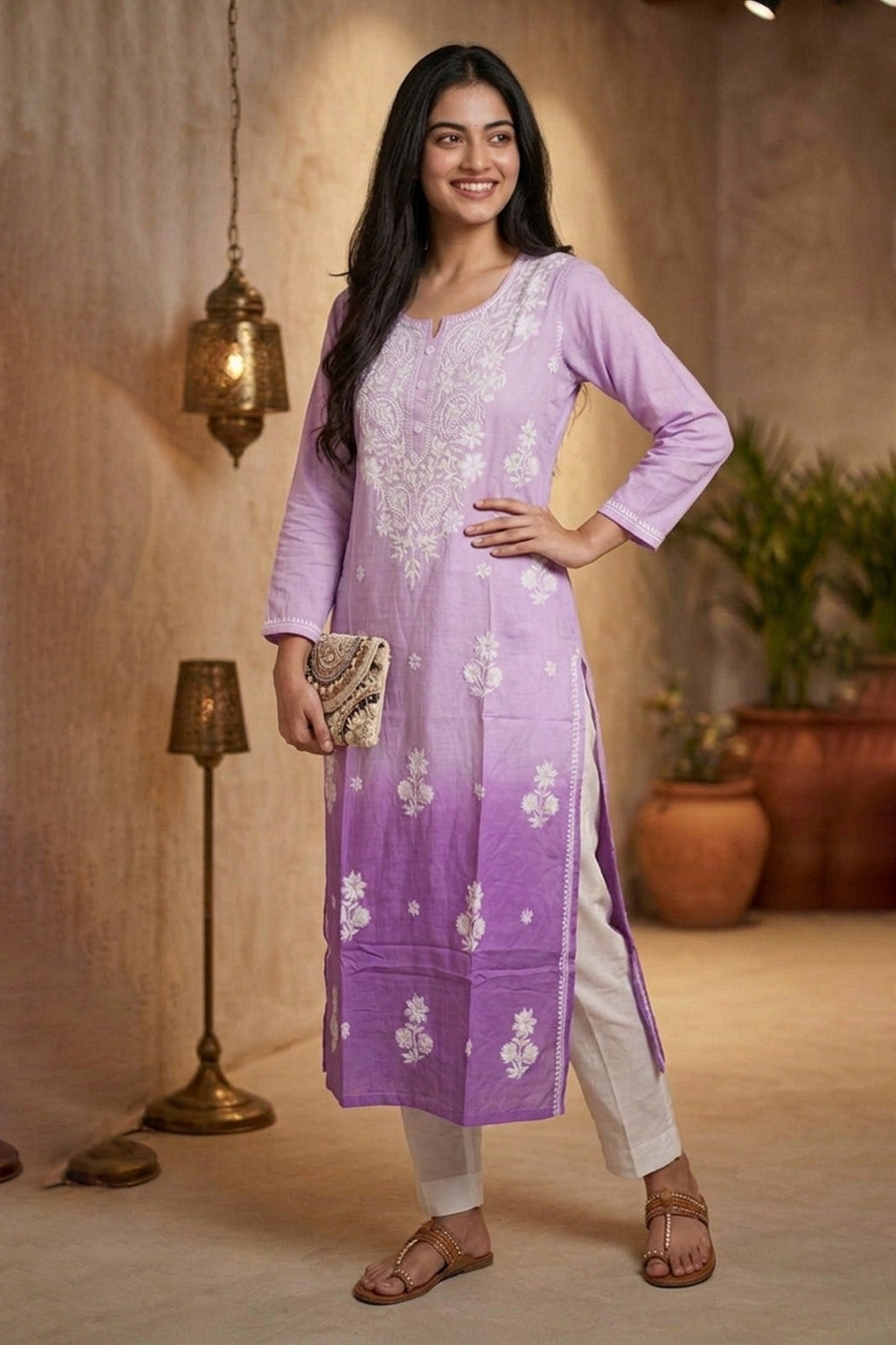 Ombre Lavander Resham Embroidered Rayon Cotton Kurta