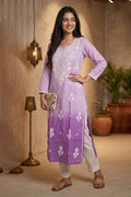 Ombre Lavander Resham Embroidered Rayon Cotton Kurta