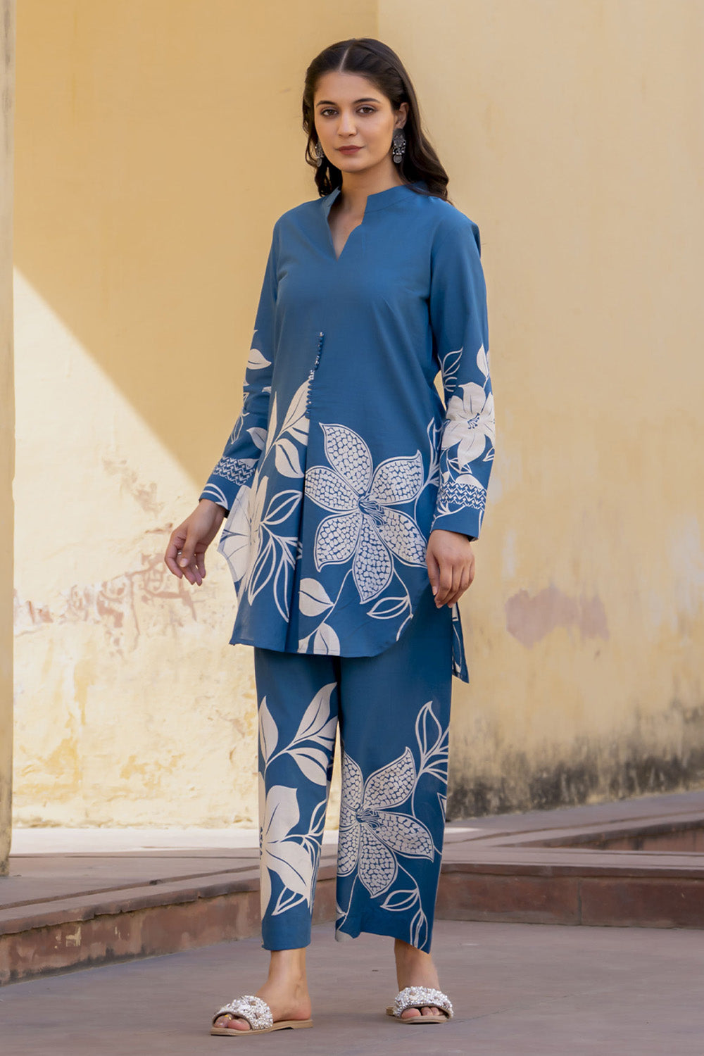 Navy Blue Color Cotton Printed Co-Ord Dress