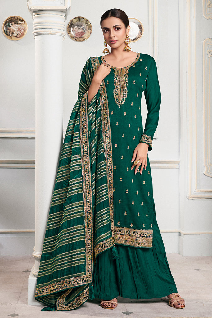 Green Color Embordered Crepe Silk Unstitched Suit Material