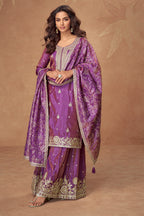 Purple Silk Zari And Sequins Embroidered Suit With Embroidered Palazzo