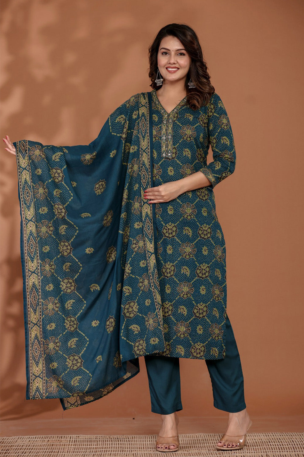 Teal & Green Cotton Floral Printed Suit Set