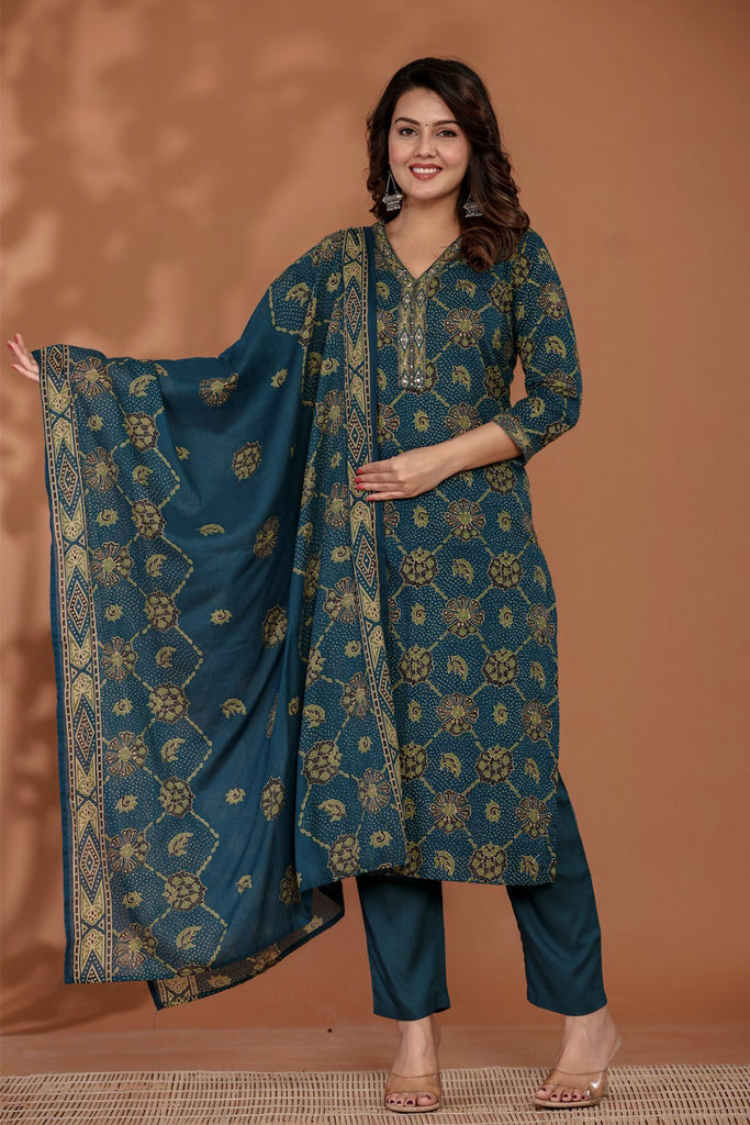 Teal & Green Cotton Floral Printed Suit Set