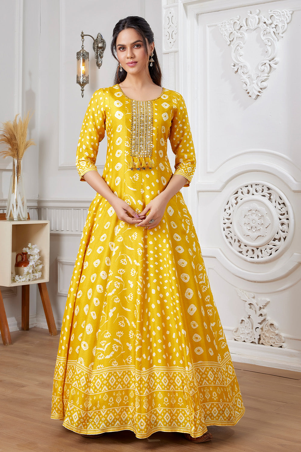 Mustard Color Crepe Silk Printed &amp; Neck Embroidered Anarkali Kurti