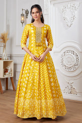 Mustard Color Crepe Silk Printed &amp; Neck Embroidered Anarkali Kurti