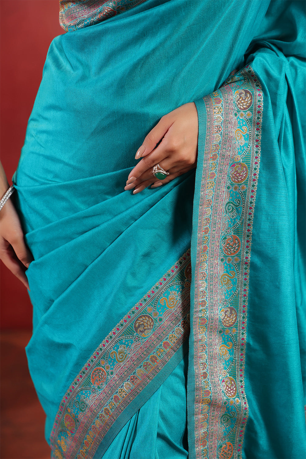 Teal Soft Silk Kalamkari Woven Saree