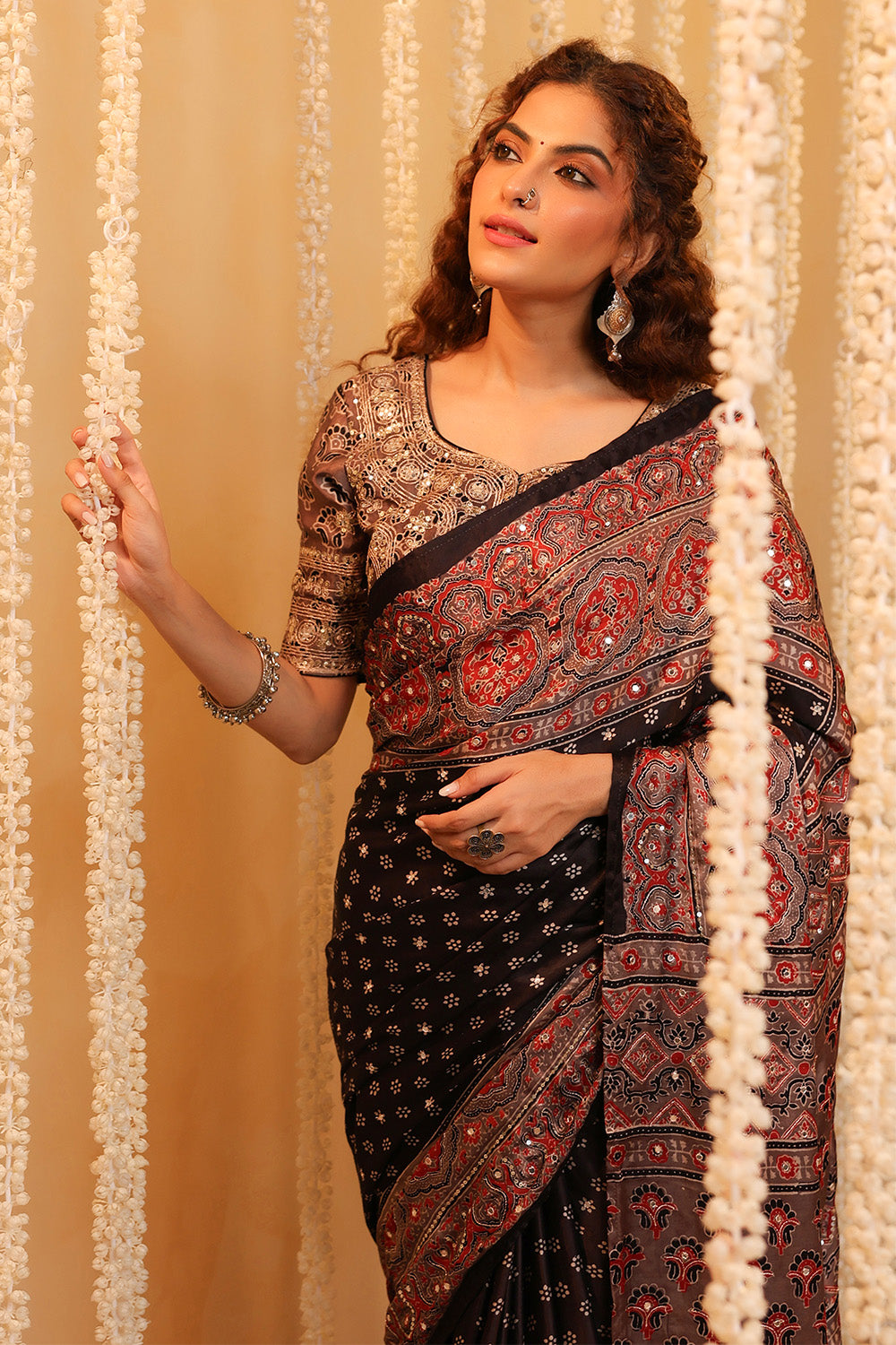 Black & Grey Pure Mulberry Silk Printed And Embroidered Saree
