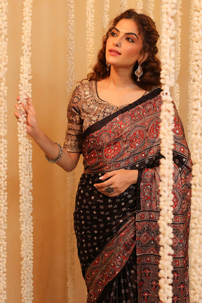 Black & Grey Pure Mulberry Silk Printed And Embroidered Saree