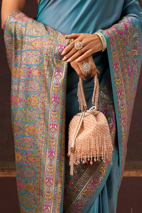 Firozi Color Soft Silk Kalamkari Woven Saree