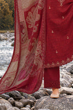 Maroon Matka Silk Embroidered Unstitched Suit Material