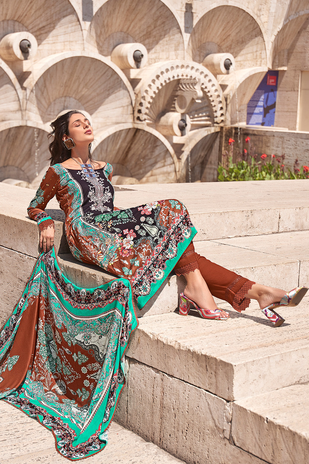 Brown Color Spun Printed Unstitched Suit Material