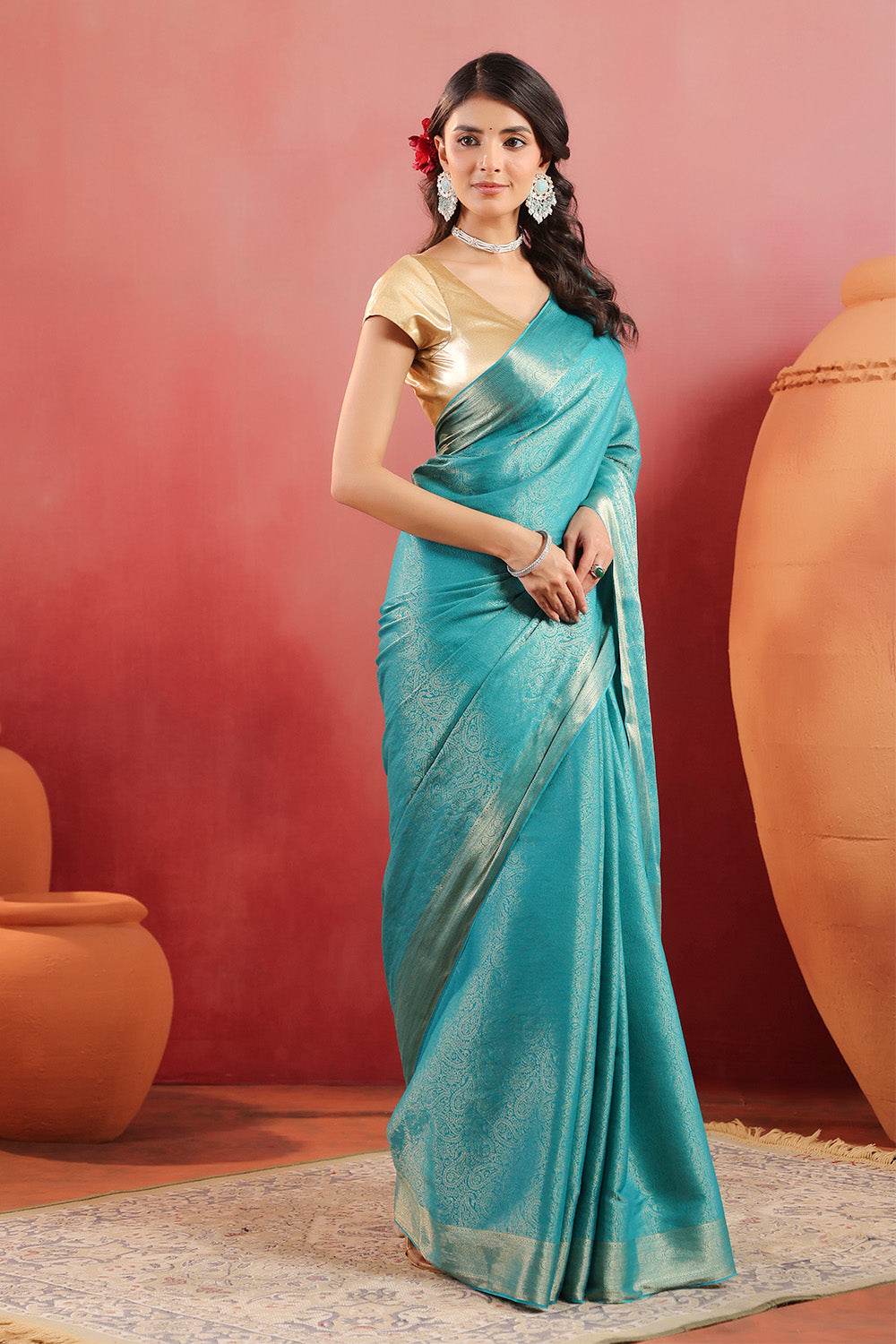Teal Color Zari Woven Soft Silk Saree
