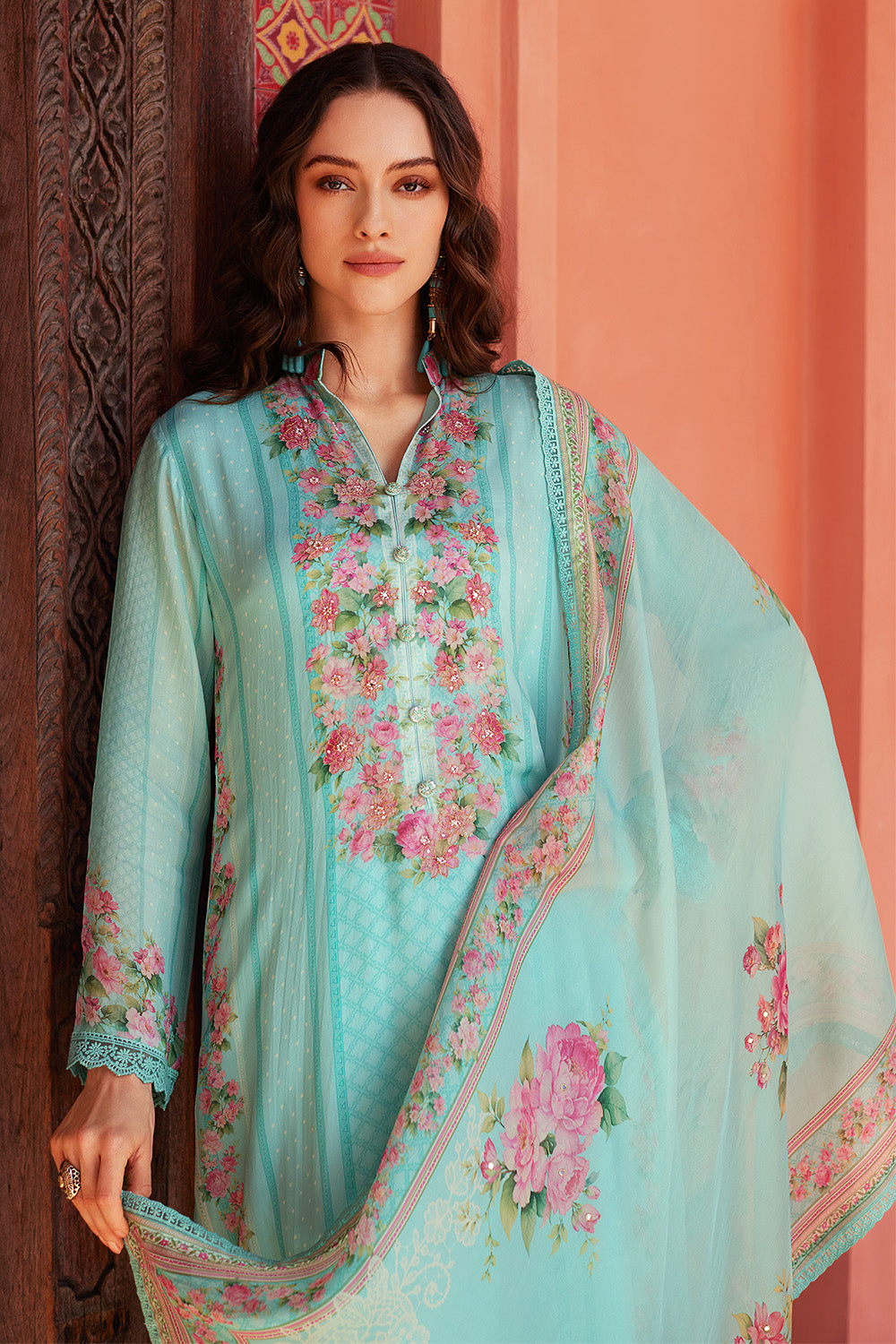 Powder Blue Color Organza Floral Printed Unstitched Suit Fabric