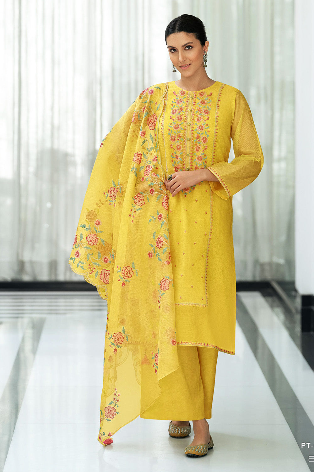 Pale Yellow Kota Silk Double Layer Embroidered Unstitched Suit Fabric