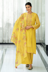 Pale Yellow Kota Silk Double Layer Embroidered Unstitched Suit Fabric