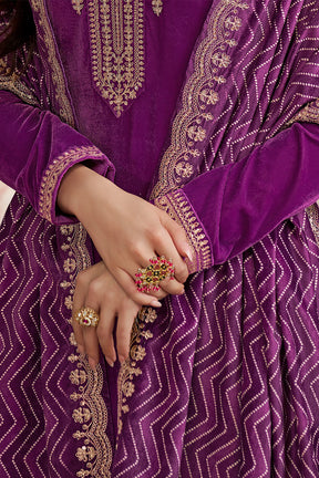 Purple Velvet Sequins and Zari Embroidered Unstitched Suit Fabric