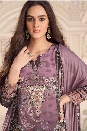 Light Mauve Crepe Silk Mirror And Swarovski Embroidered Printed Suit With Gharara