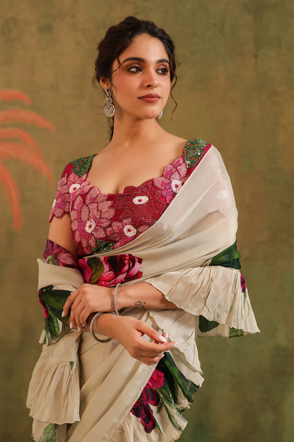 Cream Pure Crepe Silk Floral Printed Ruffled Saree With Readymade Cut-Dana Embroidered Blouse