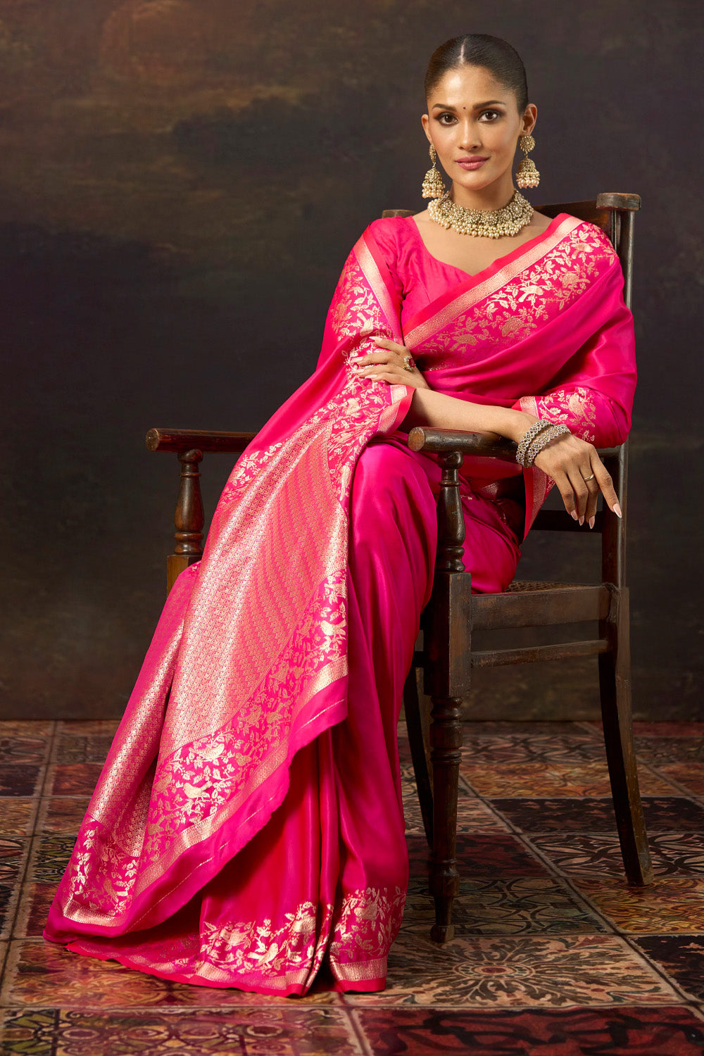 Electric Pink  Woven Mulberry Silk Saree