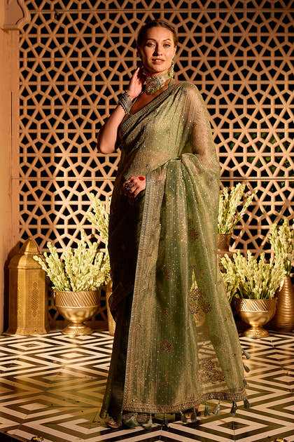 Seagreen Sequins Embroidered Salsa Tissue Saree