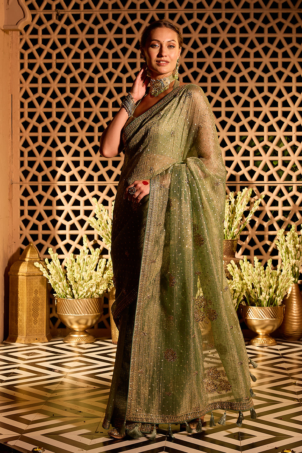 Seagreen Sequins Embroidered Salsa Tissue Saree