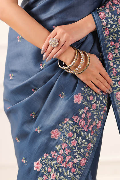 Greyish Blue Tussar Silk Resham Floral Embroidered Saree