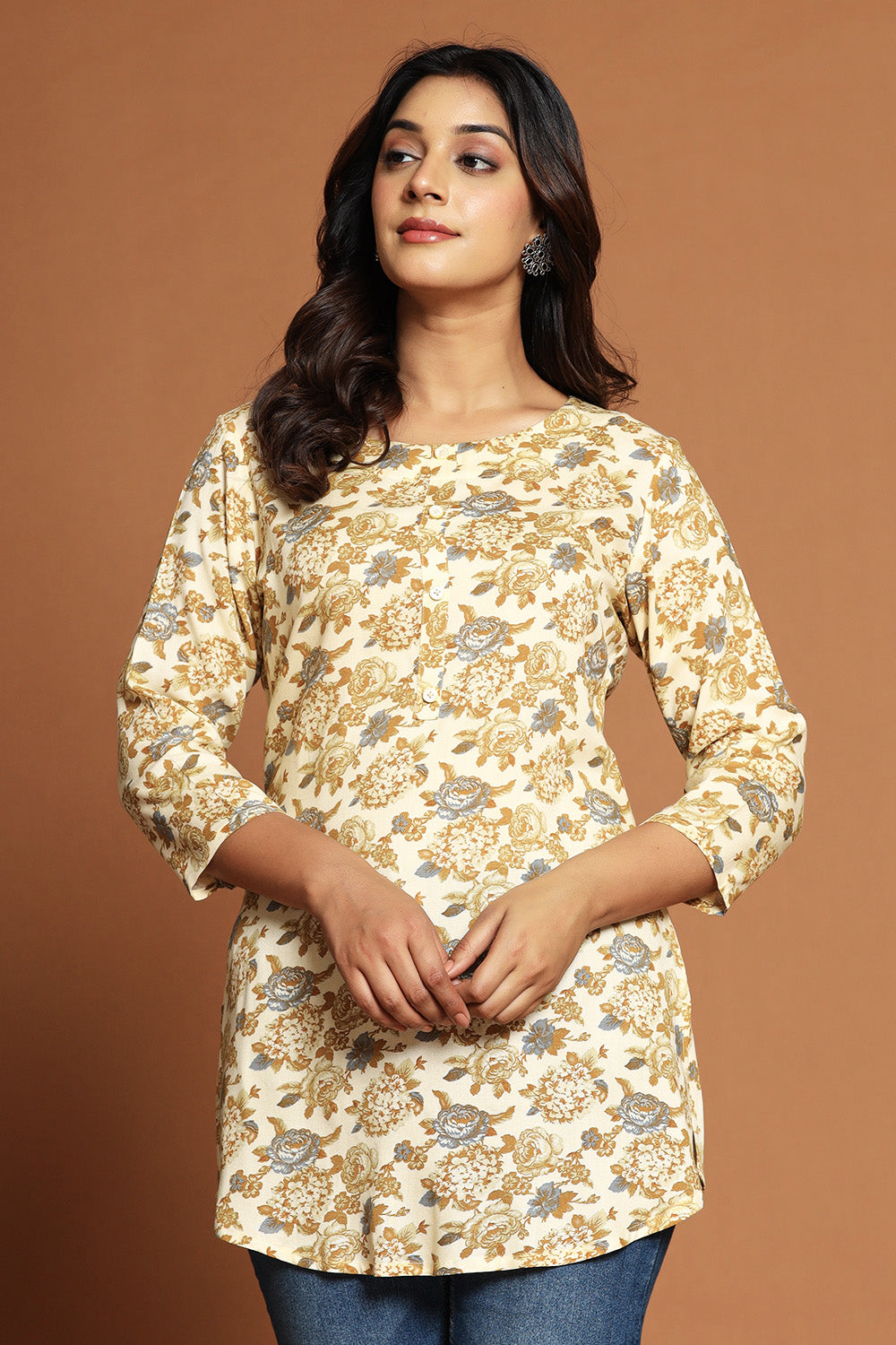 Beige & Brown Color Floral Printed Kurti