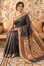 Black Cotton Printed And Woven Border Saree
