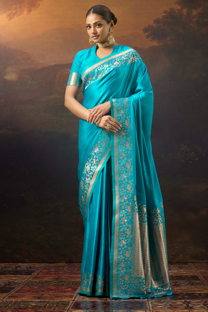 Pacific Blue Woven Mulberry Silk Saree