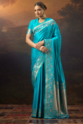 Pacific Blue Woven Mulberry Silk Saree
