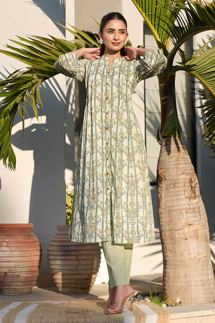 Pista Green Floral Printed Cotton Long Kurta Set