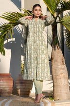 Pista Green Floral Printed Cotton Long Kurta Set