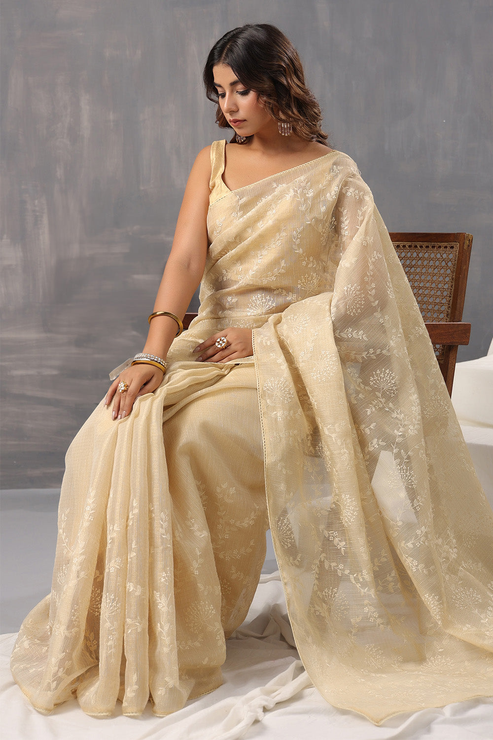 Beige Color Cotton Silk Thread Embroidered Saree