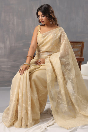 Beige Color Cotton Silk Thread Embroidered Saree