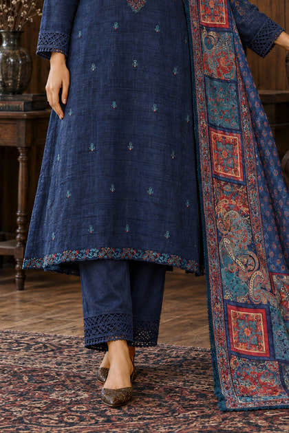 Navy Matka Silk Embroidered Unstitched Suit Material