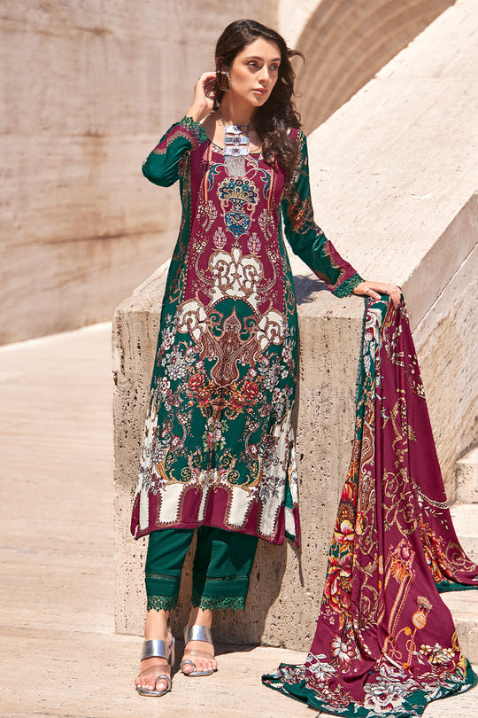 Bottle Green Color Spun Printed Unstitched Suit Material