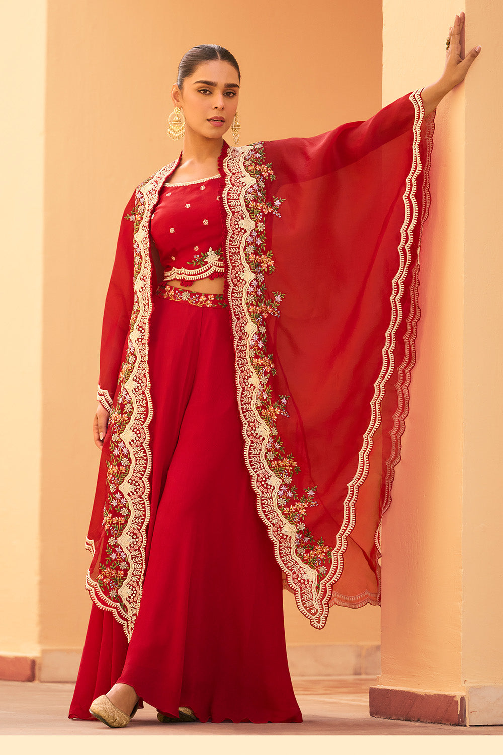 Red Organza Embroidered Crop-Top Dress With Shruge Stlye Dupatta And Palazzo