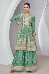 Sea Green Color Embroidered Crepe Silk Peplum Suit
