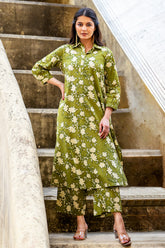 Green Floral Vine Printed  Cotton Kurta Set