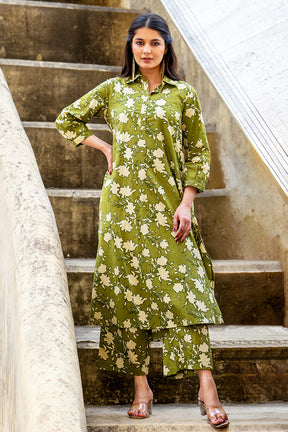 Green Floral Vine Printed  Cotton Kurta Set