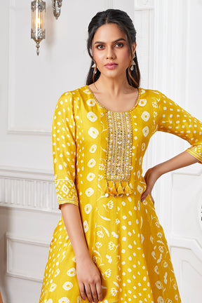 Mustard Color Crepe Silk Printed &amp; Neck Embroidered Anarkali Kurti