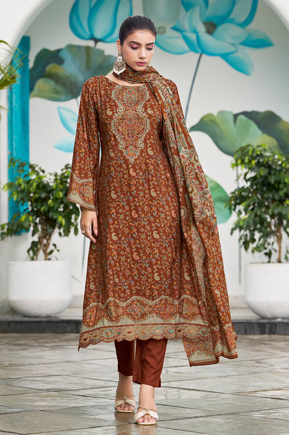 Rust Muslin Floral Printed Unstitched Suit Material