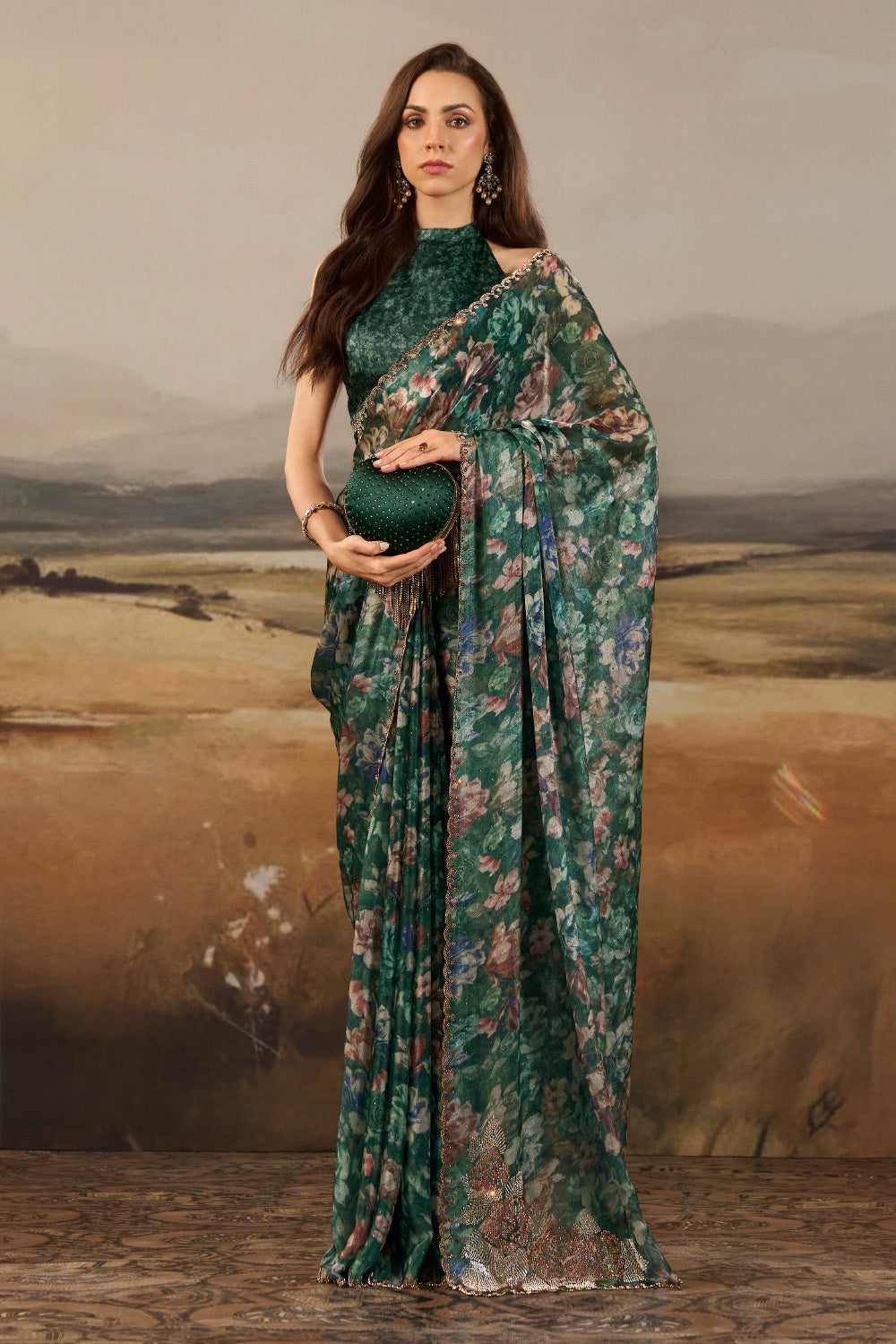 Green Shimmer Floral Printed Saree with Swarovski Work on Border